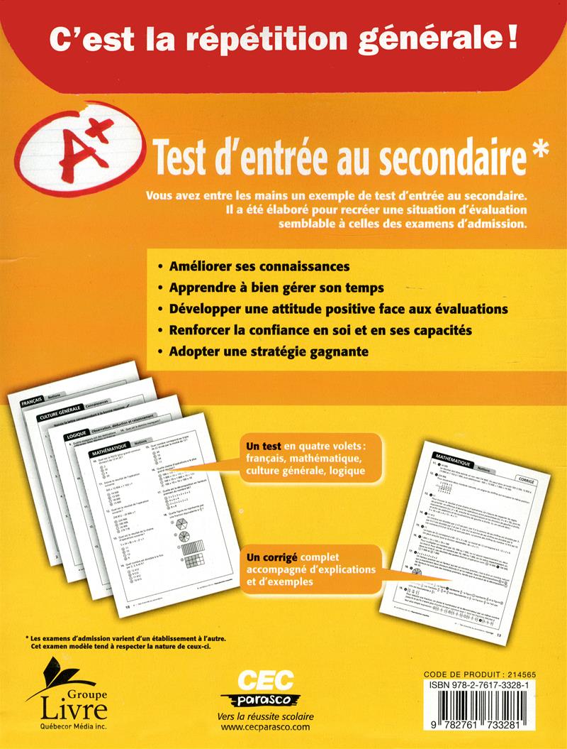 Livre (A+) Test d'entrée au secondaire Le test pour se préparer aux examens d'admission
