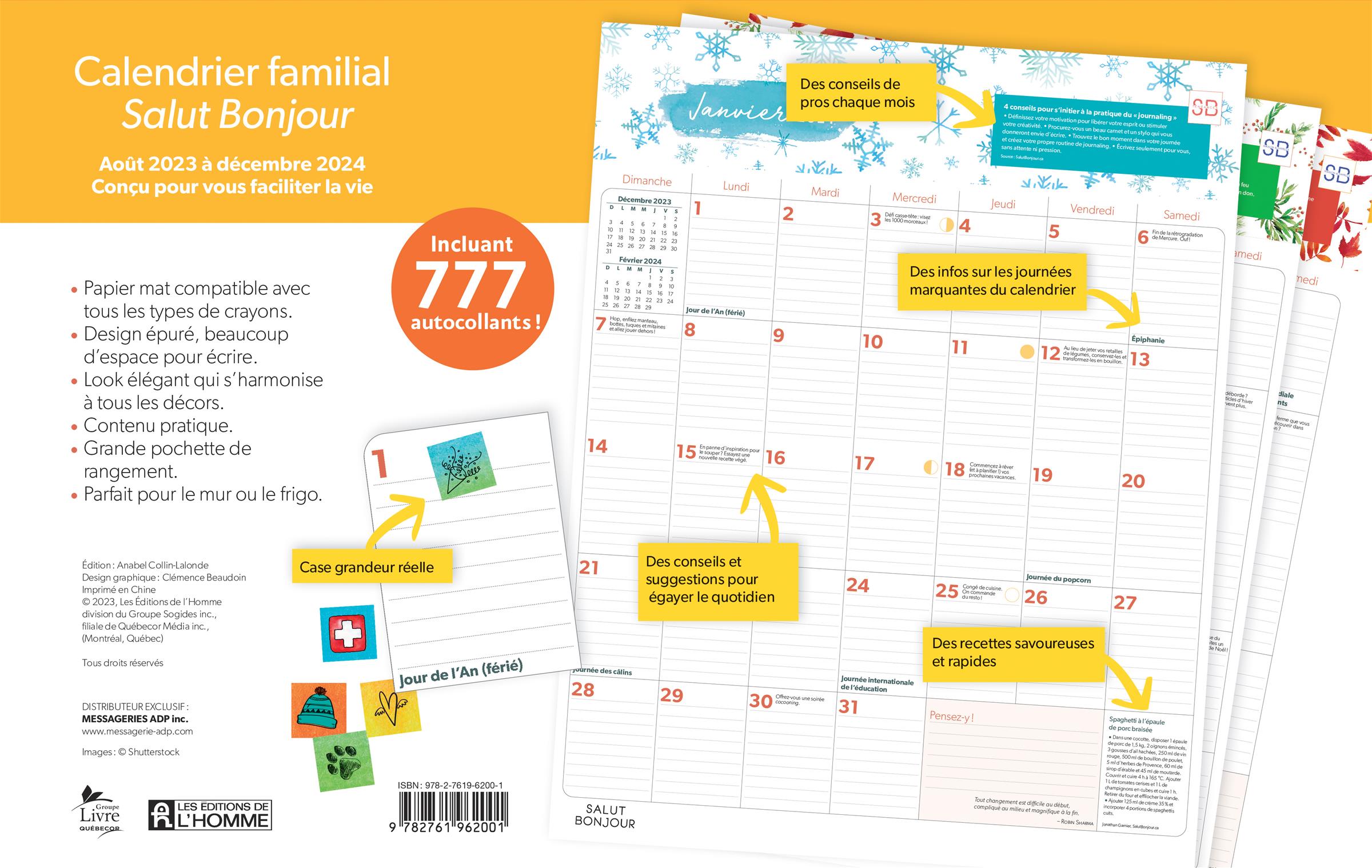 Livre Calendrier familial Salut Bonjour 2023-2024 - Août 2023 à